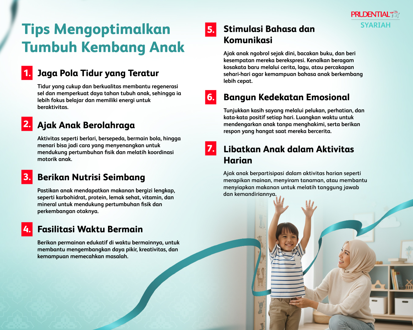 Infografis tips mengoptimalkan tumbuh kembang anak, mencakup pola tidur teratur, olahraga, nutrisi seimbang, waktu bermain, stimulasi bahasa, kedekatan emosional, dan aktivitas harian bersama orang tua.