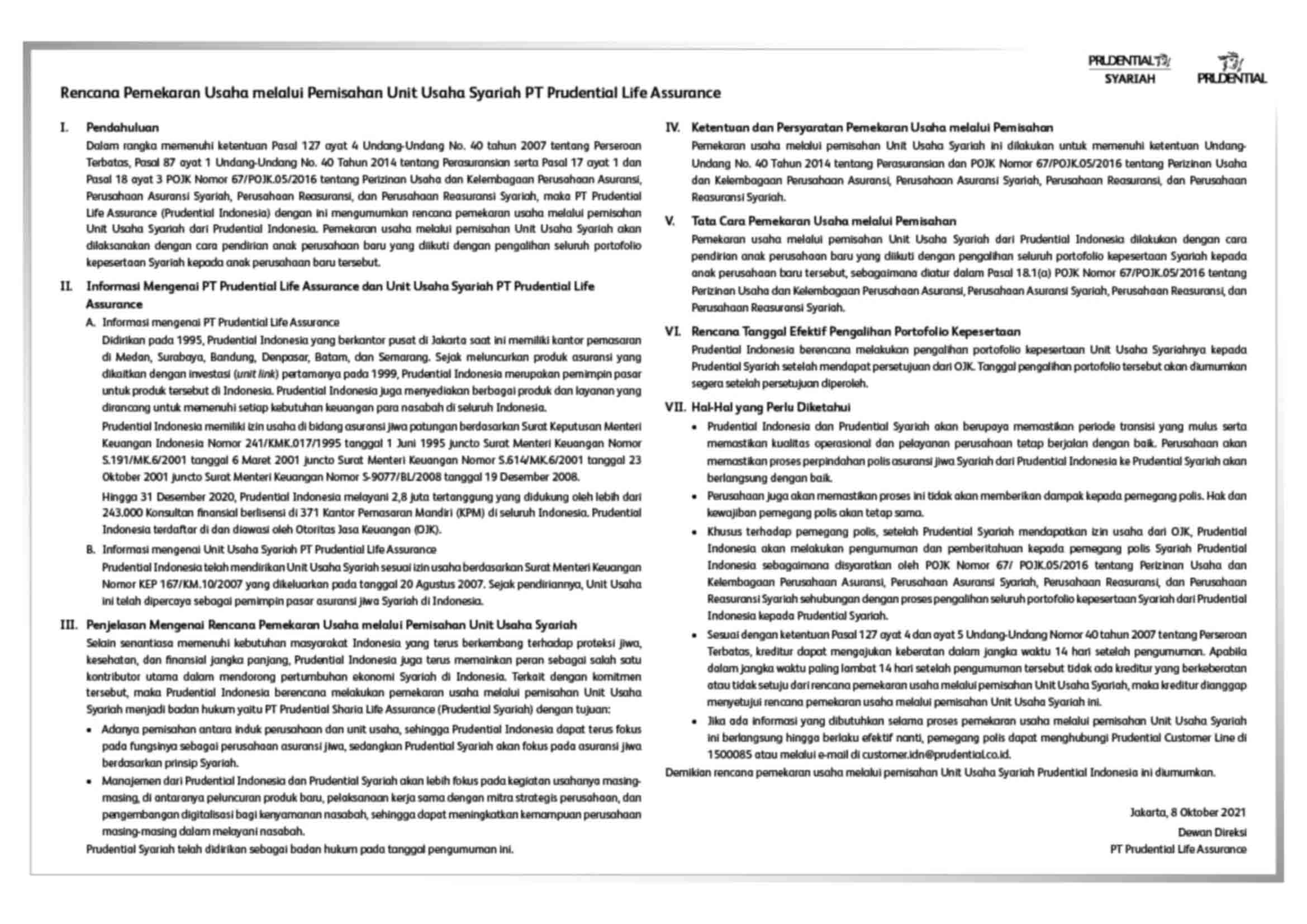 Pengumuman Rencana Pemekaran Usaha melalui Pemisahan Unit Usaha Syariah PT Prudential Life Assurance