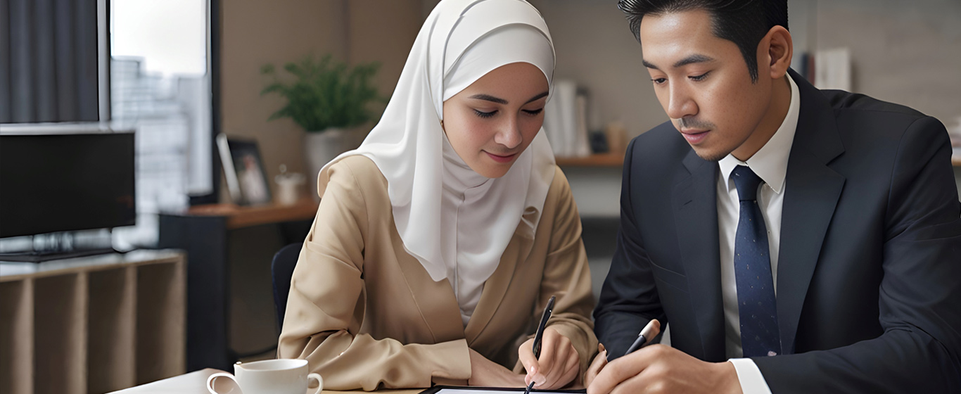 Pasangan muslim berdiskusi menulis di meja