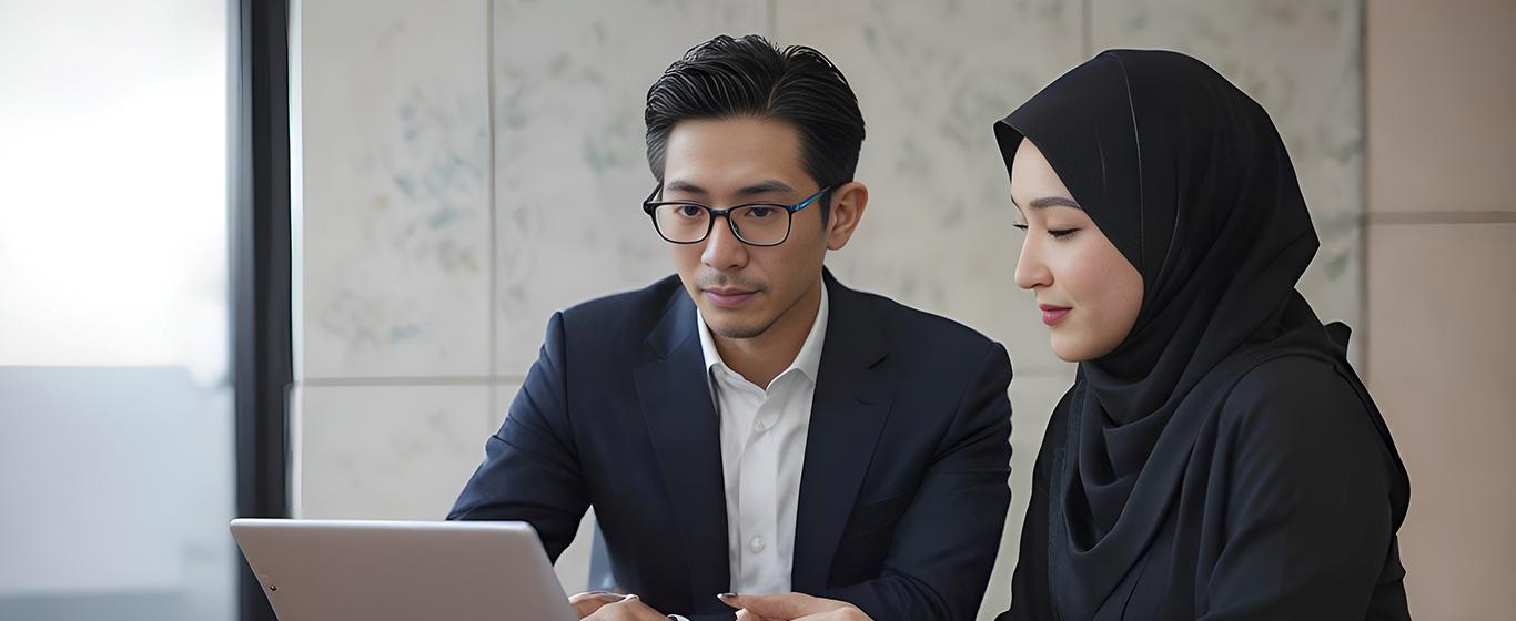 pria dan wanita muslim bekerja dengan laptop